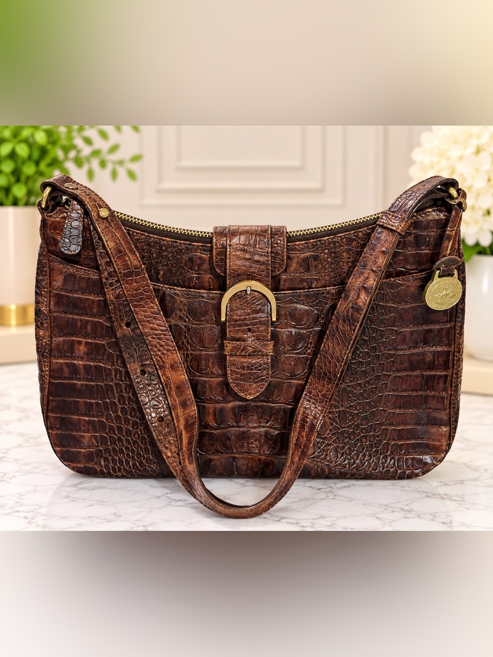 Brahmin Croc-Embossed Leather Shoulder Bag in Brown